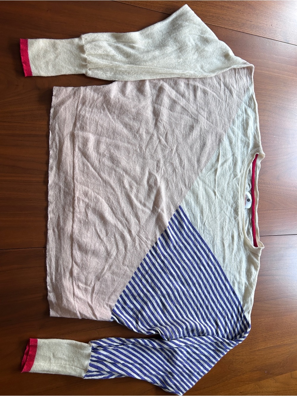 Sundry Sz 1 Striped Sleeve Crewneck Cropped Sweater in Cream, Light Pink & Blue